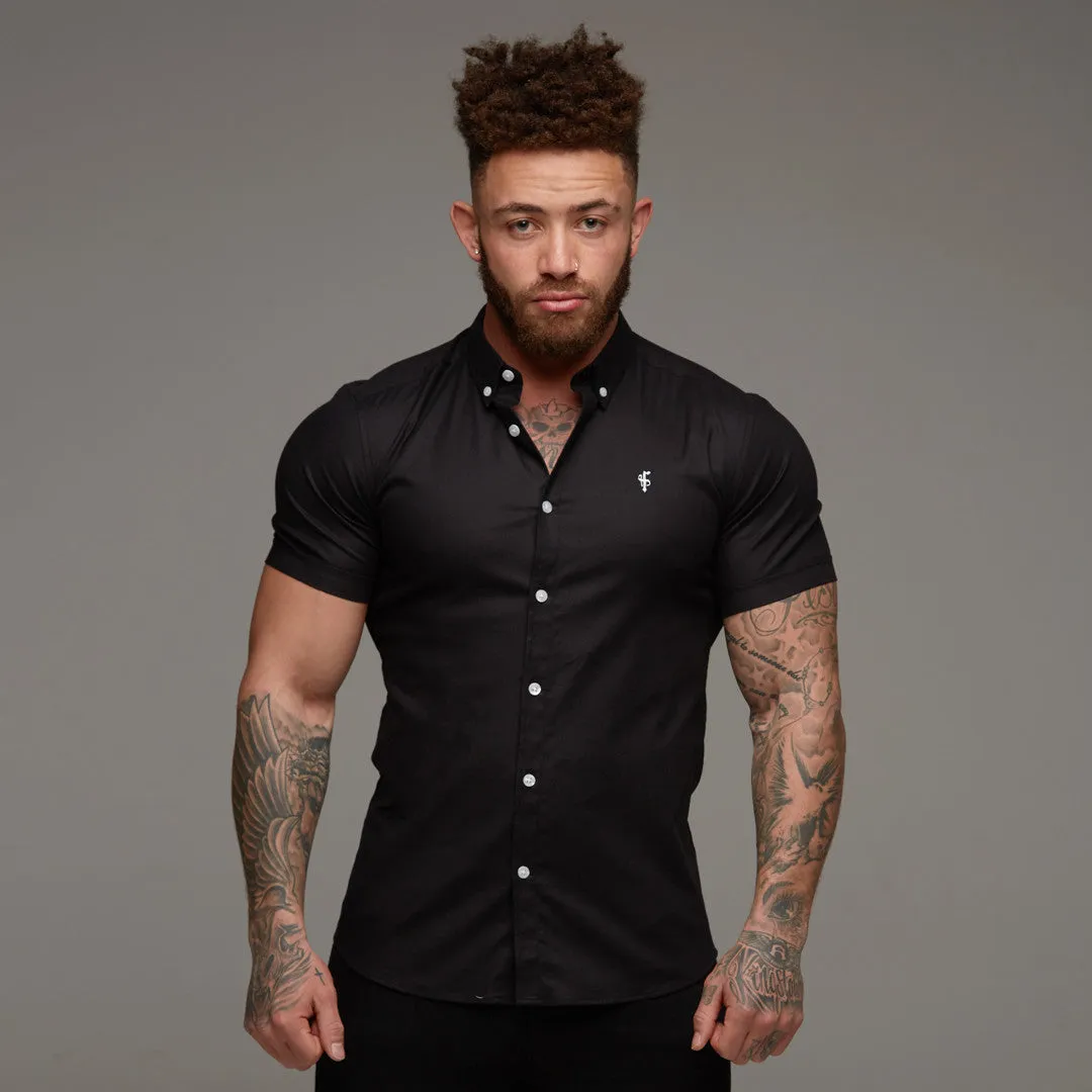 Father Sons Super Slim Stretch Classic Oxford Black Short Sleeve - FS303 sold by Father Sons