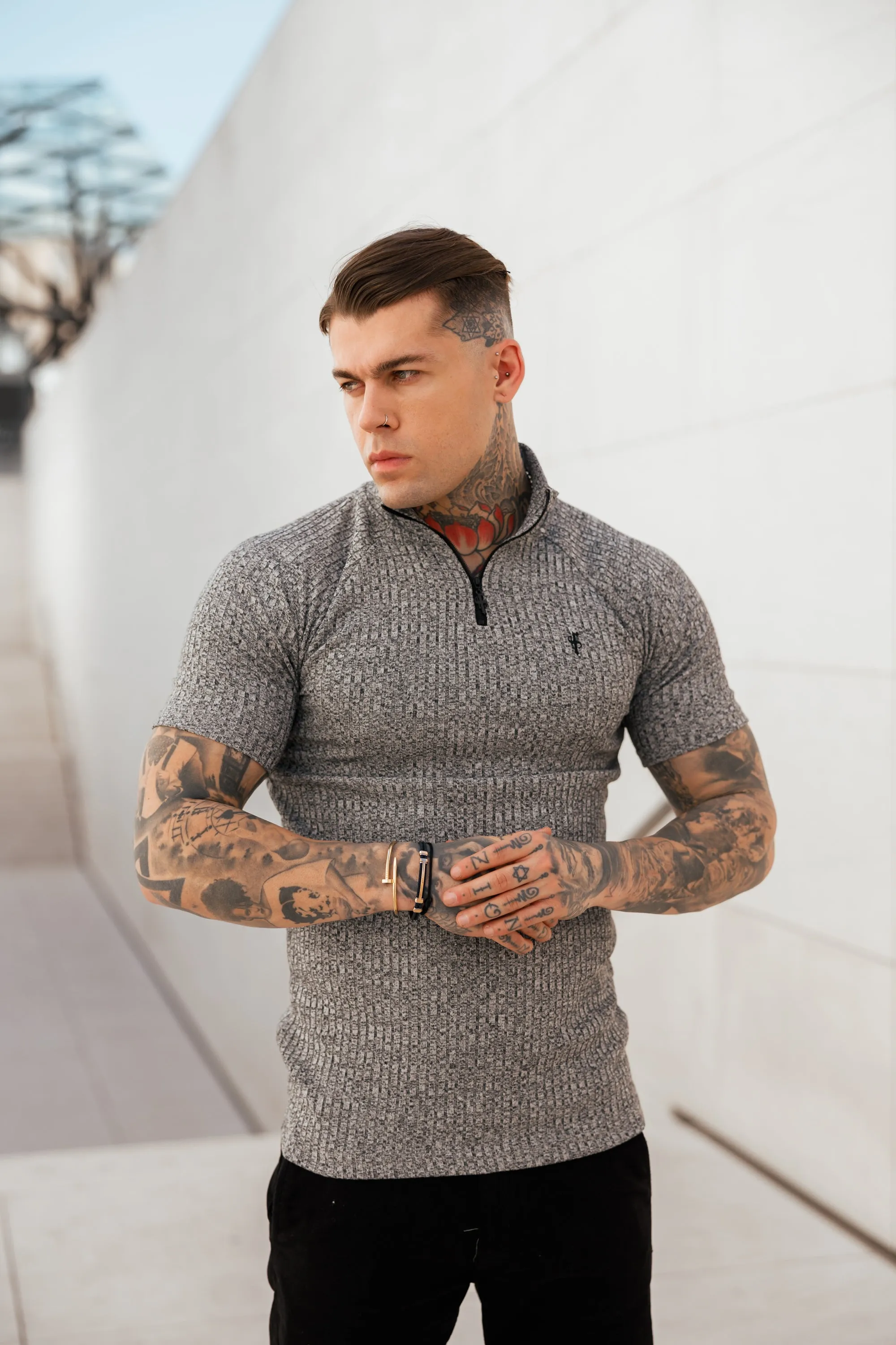 Father Sons Classic Grey Ribbed Zip Funnel Neck Raglan Short Sleeve Crew - FSH730 sold by Father Sons product image thumbnail 2