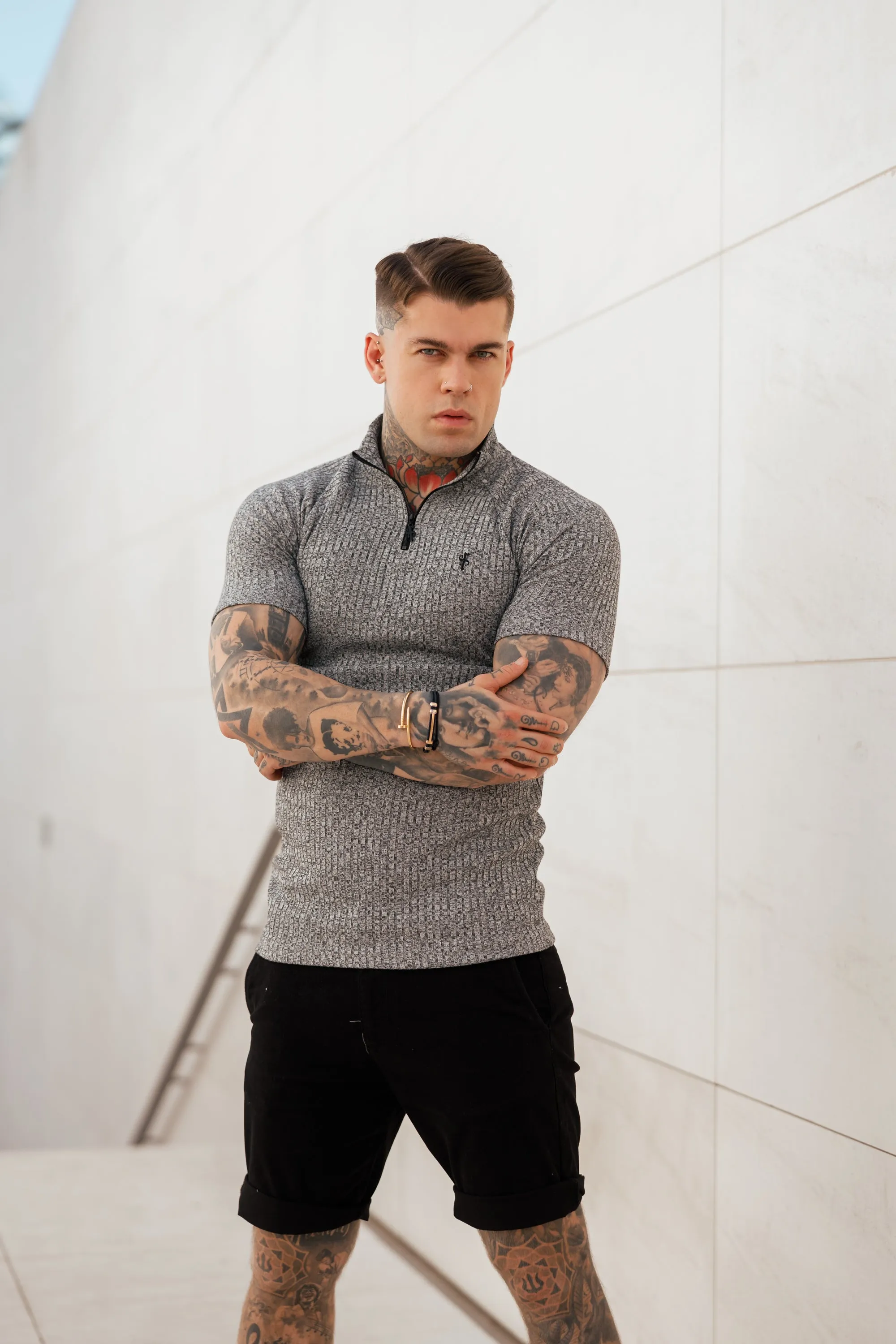 Father Sons Classic Grey Ribbed Zip Funnel Neck Raglan Short Sleeve Crew - FSH730 sold by Father Sons product image thumbnail 3