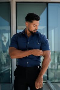 Father Sons Super Slim Stretch Navy Denim Short Sleeve with Horizontal Seam and Pocket- FS959 sold by Father Sons
