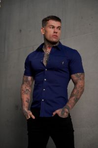 Father Sons Super Slim Stretch Navy Denim Short Sleeve with Horizontal Seam and Pocket- FS959 sold by Father Sons