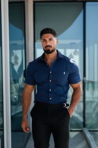 Father Sons Super Slim Stretch Navy Denim Short Sleeve with Horizontal Seam and Pocket- FS959 sold by Father Sons