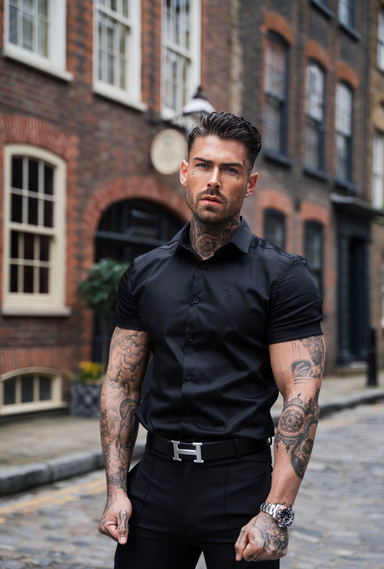 Father Sons Slim Sateen Classic Black Short Sleeve - FS546 sold by Father Sons