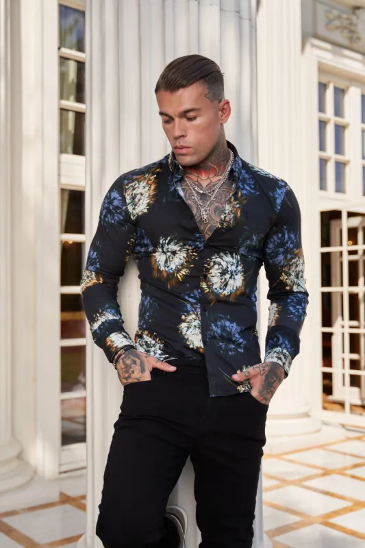 Father Sons Super Slim Stretch Black Base Blurred Flower Print Long Sleeve with Button Down Collar - FS800 sold by Father Sons