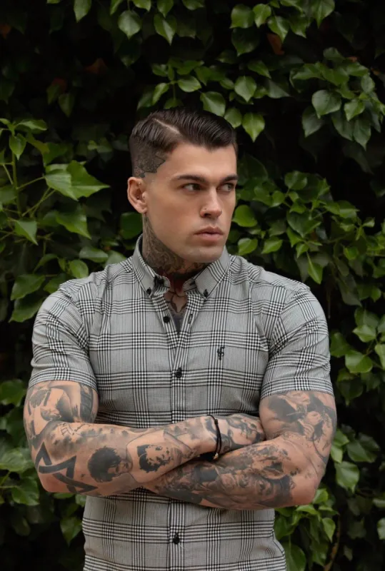 Father Sons Super Slim Stretch Prince Of Wales White and Black Check Short Sleeve - FS460 sold by Father Sons
