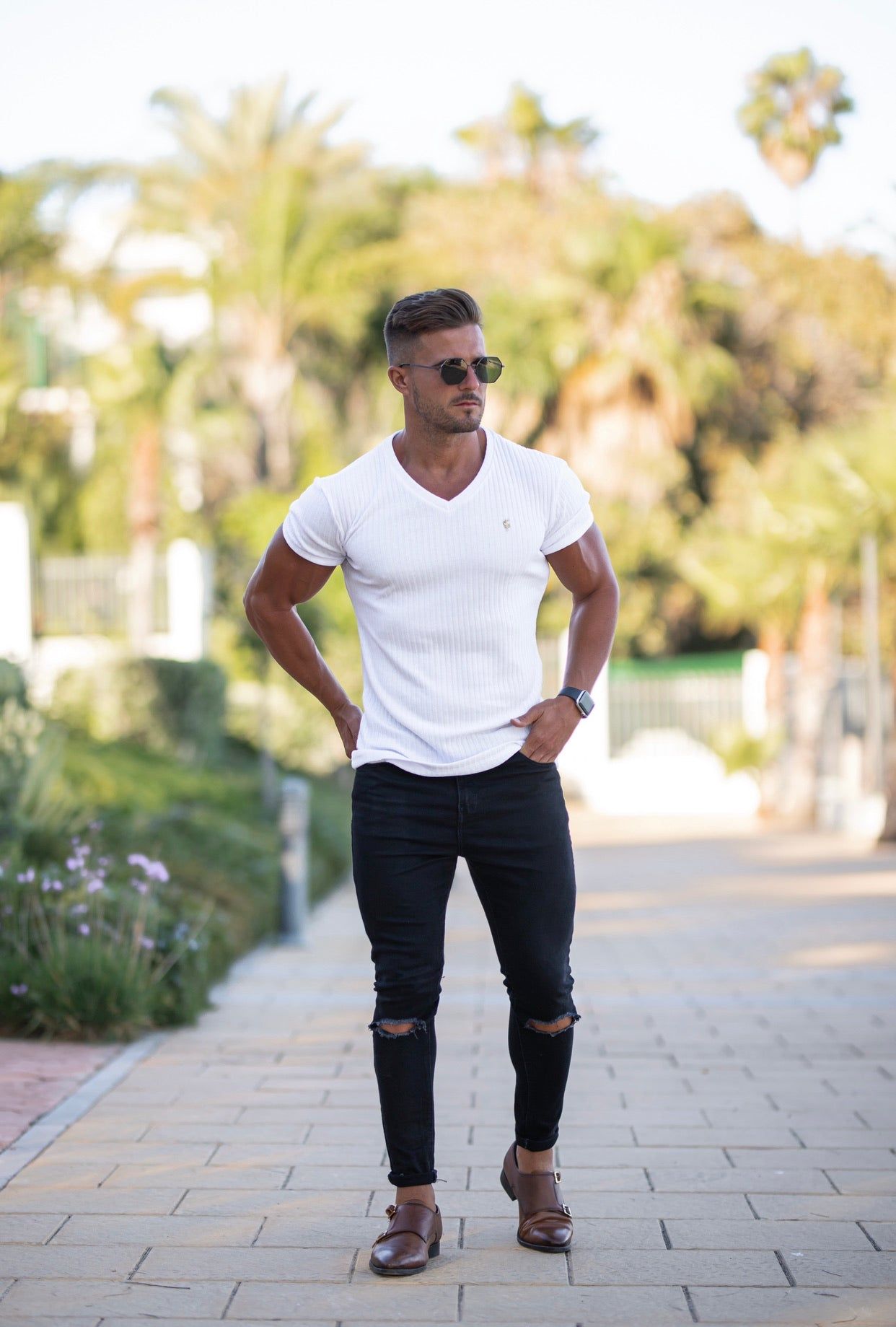 Father Sons Super Slim White / Gold V Neck Ribbed Crew - FSH498 sold by Father Sons product image thumbnail 3