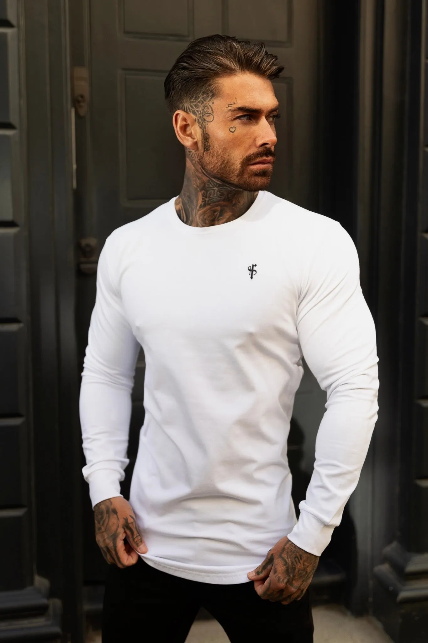 Father Sons Classic White / Black Tonal Curved Hem Long Sleeve Crew T Shirt - FSH996 sold by Father Sons