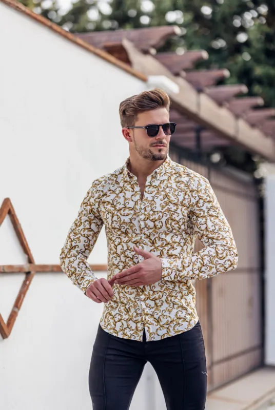 Father Sons Super Slim Stretch White / Gold Scroll Print Long Sleeve with Button Down Collar - FS822 sold by Father Sons