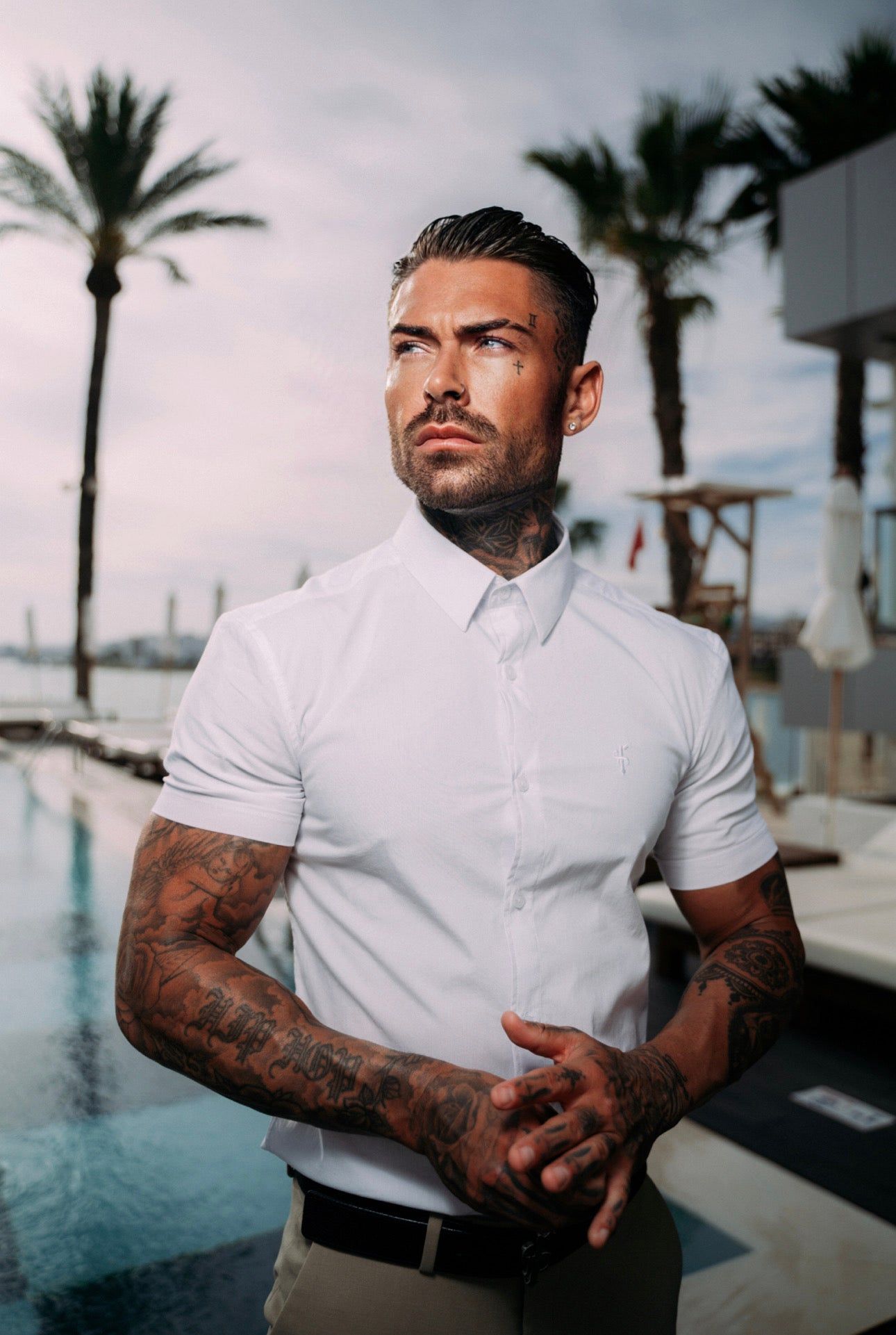 Father Sons Super Slim Stretch White Tonal Buttons and Embroidery Short Sleeve - FS889 sold by Father Sons product image thumbnail 3