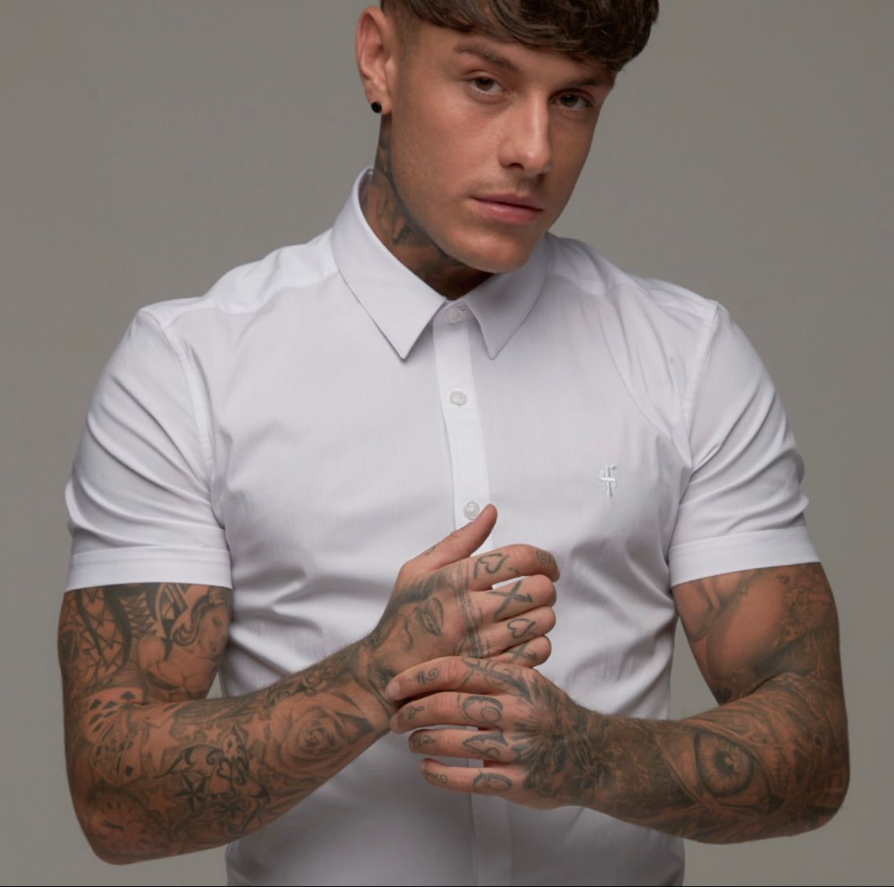 Father Sons Super Slim Stretch White Tonal Buttons and Embroidery Short Sleeve - FS889 sold by Father Sons product image thumbnail 4