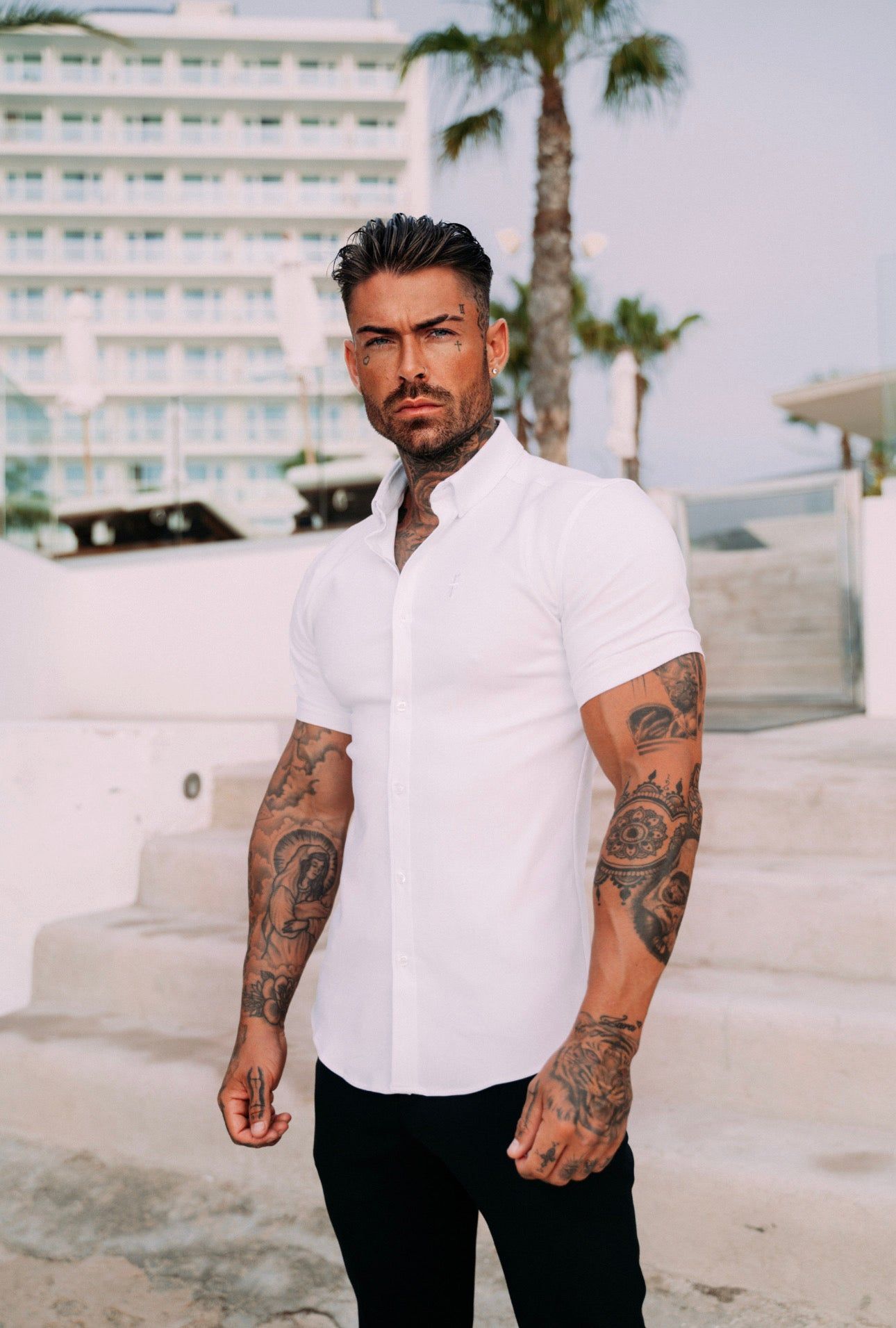 Father Sons Super Slim Stretch White Tonal Buttons and Embroidery Short Sleeve - FS889 sold by Father Sons