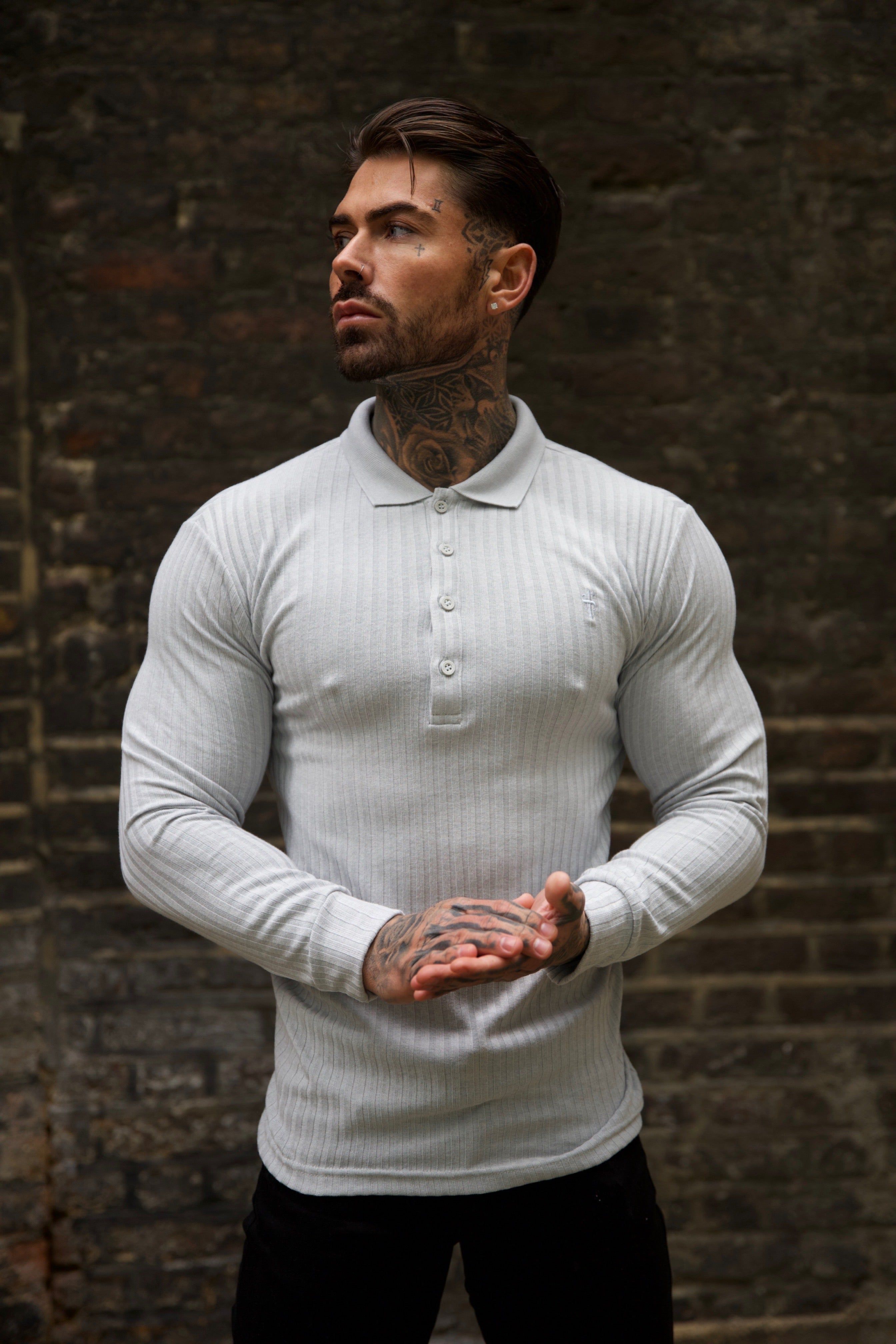 Classic Light Grey Ribbed Polo Shirt Long Sleeve - FSH972 sold by Father Sons product image thumbnail 4