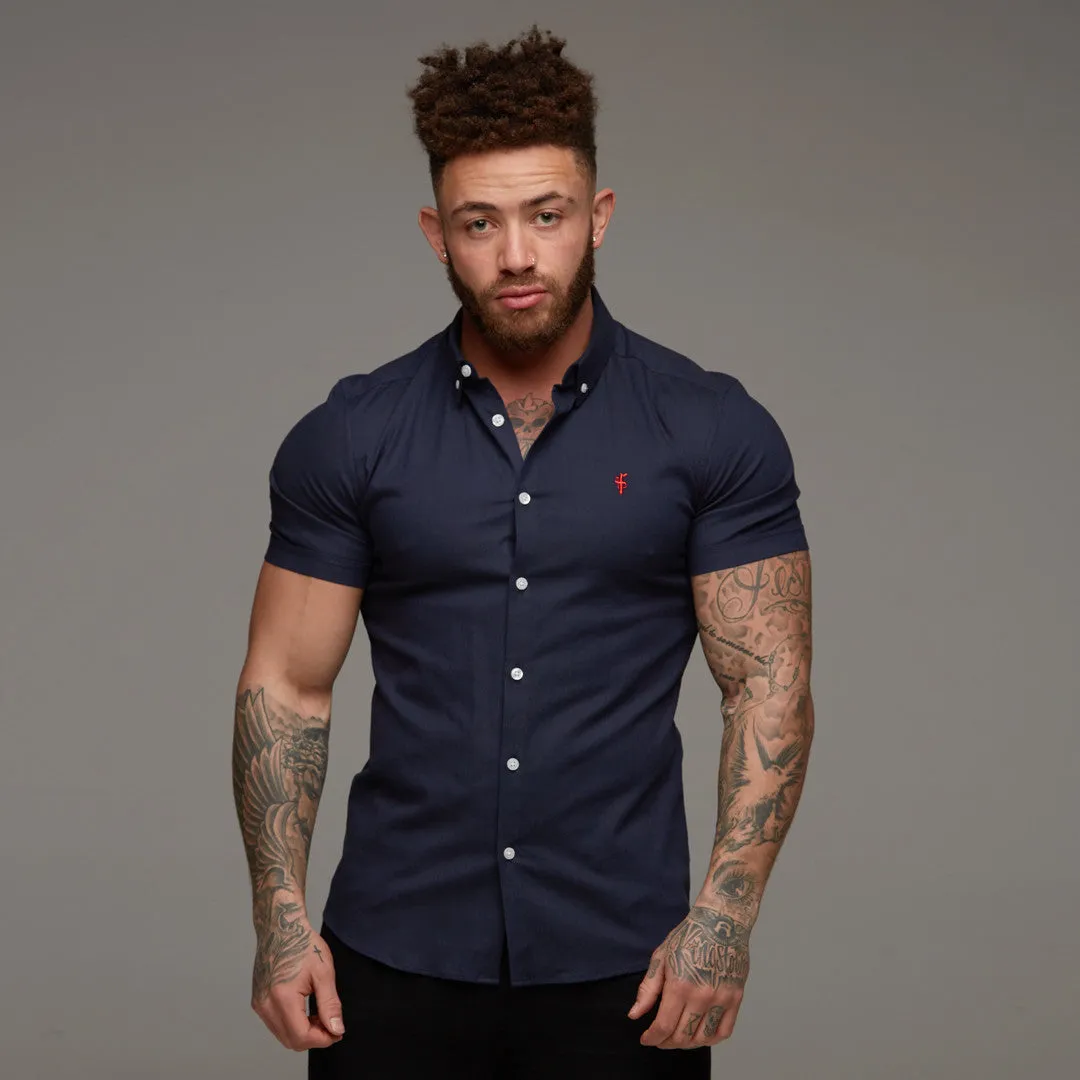 Father Sons Super Slim Stretch Classic Oxford Navy Short Sleeve (Red Emblem) - FS309 sold by Father Sons product image thumbnail 2