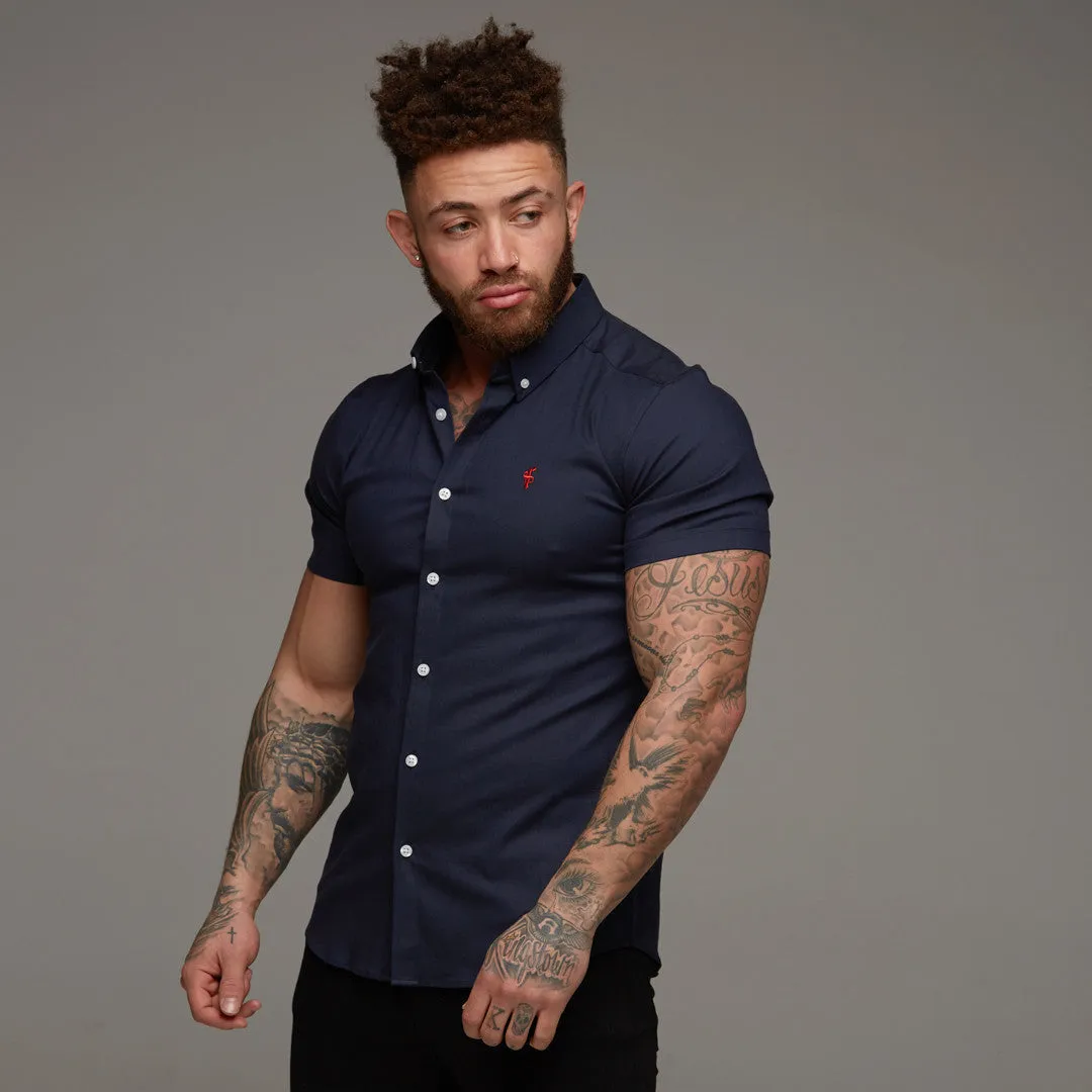 Father Sons Super Slim Stretch Classic Oxford Navy Short Sleeve (Red Emblem) - FS309 sold by Father Sons product image thumbnail 3