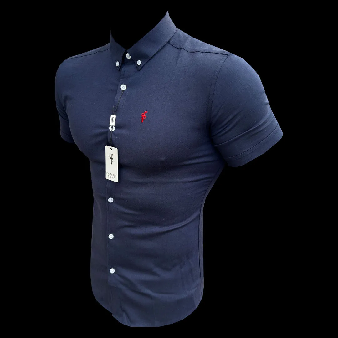 Father Sons Super Slim Stretch Classic Oxford Navy Short Sleeve (Red Emblem) - FS309 sold by Father Sons