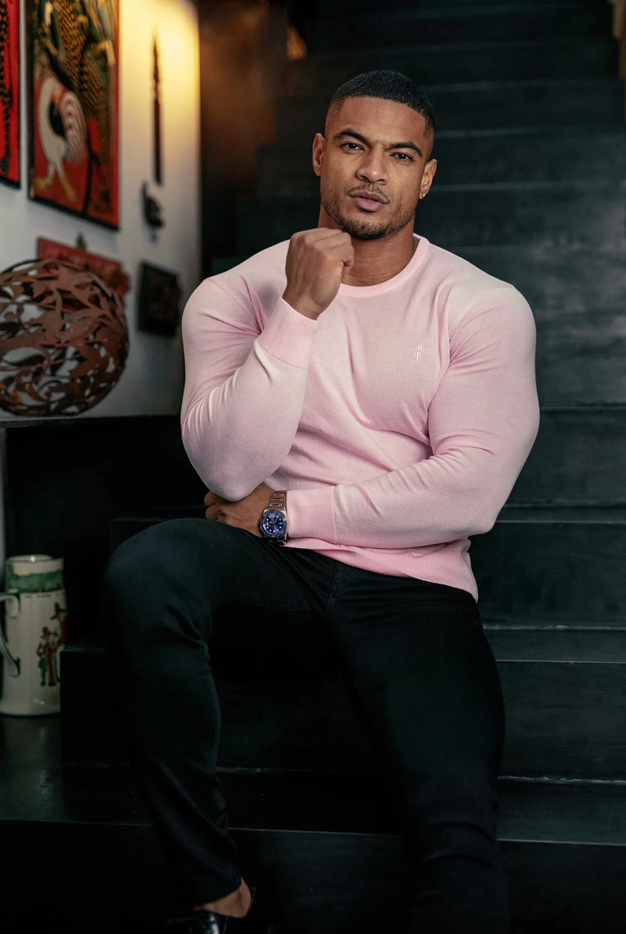 Father Sons Classic Pink Crew Neck Knitted Jumper with Tonal Emblem - FSH673 sold by Father Sons