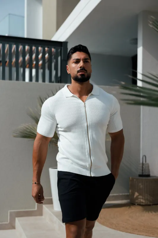 Father Sons Classic Knitted Textured Design With Full Length Zip Off White Short Sleeve - FSN152 sold by Father Sons