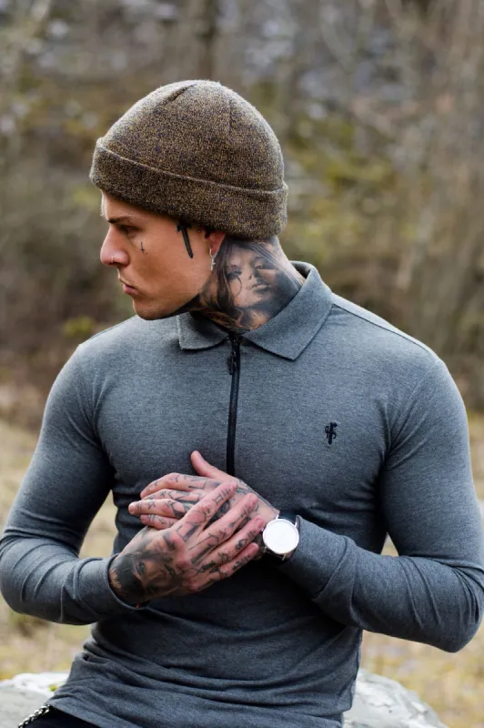 Classic Dark Grey Zipped Polo Long Sleeve Shirt - FSH026 sold by Father Sons