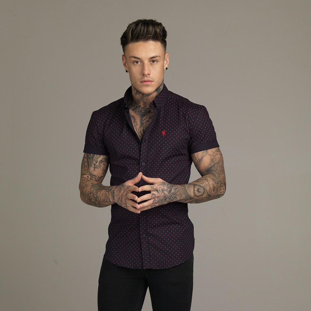 Father Sons Super Slim Stretch Navy & Red Ditsy Print Short Sleeve - FS093R sold by Father Sons