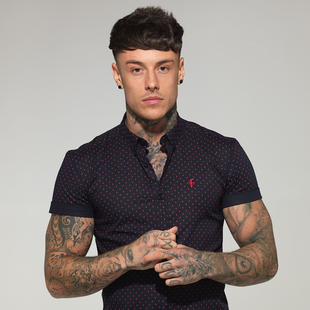 Father Sons Super Slim Stretch Navy & Red Ditsy Print Short Sleeve - FS093R sold by Father Sons product image thumbnail 3