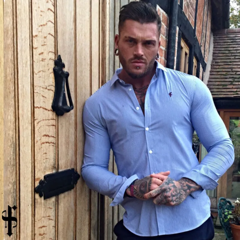 Father Sons Super Slim Stretch Navy & White Stripe Long Sleeve (Burgundy Emblem) - FS124 (LAST CHANCE) sold by Father Sons