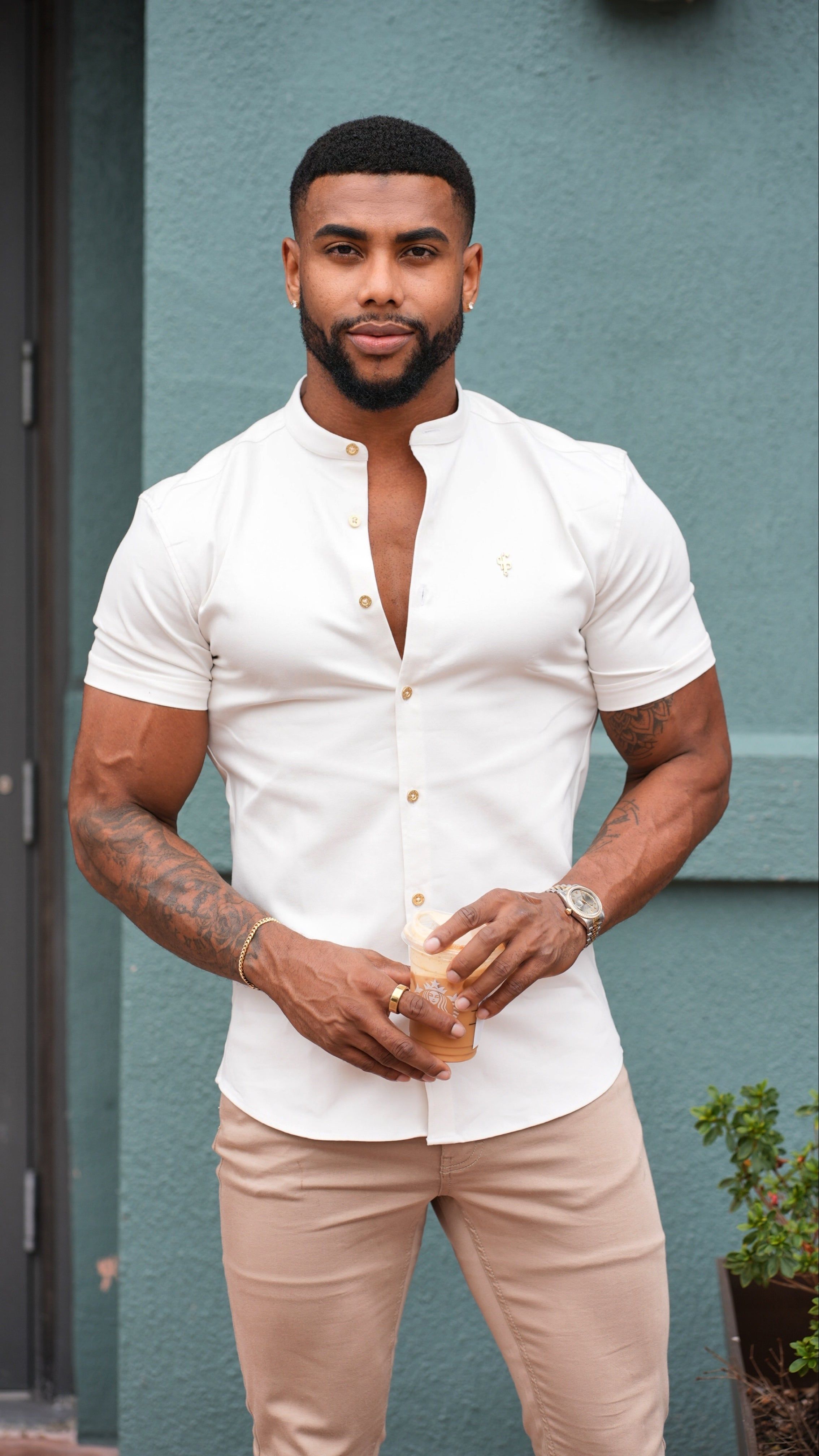 Father Sons Super Slim Stretch Cream Denim Short Sleeve With Grandad Collar and Gold Metal Buttons and Decal - FS971 sold by Father Sons