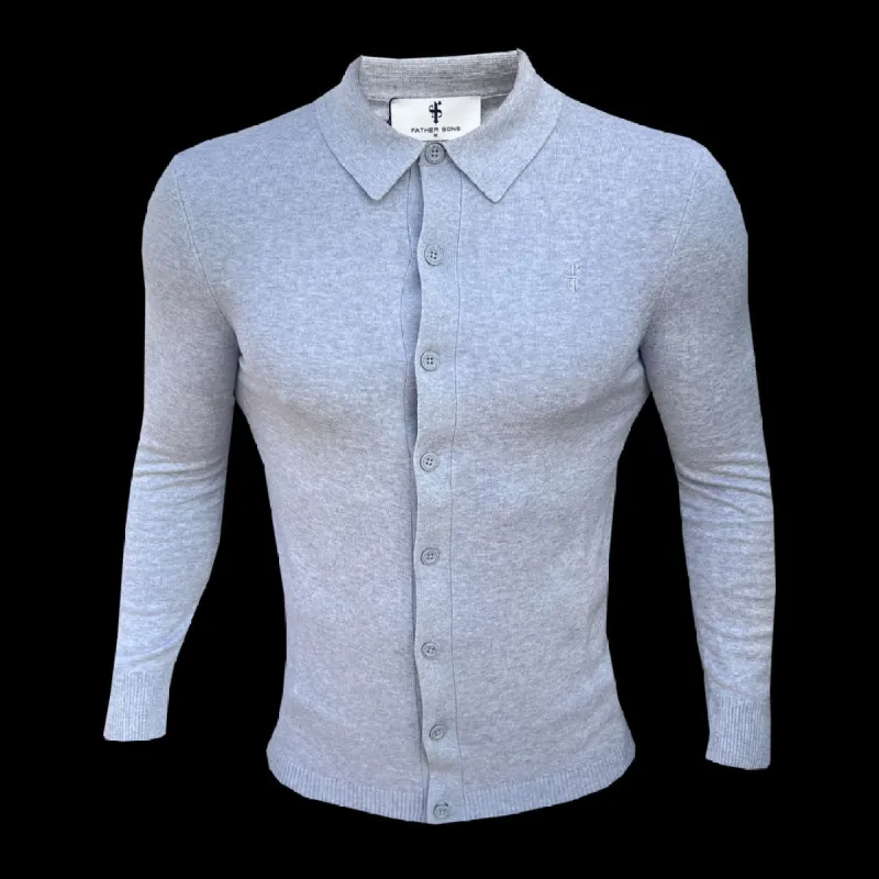 Father Sons Classic Plain Light Grey Knitted Button Through Polo Long Sleeve - FSN167 sold by Father Sons