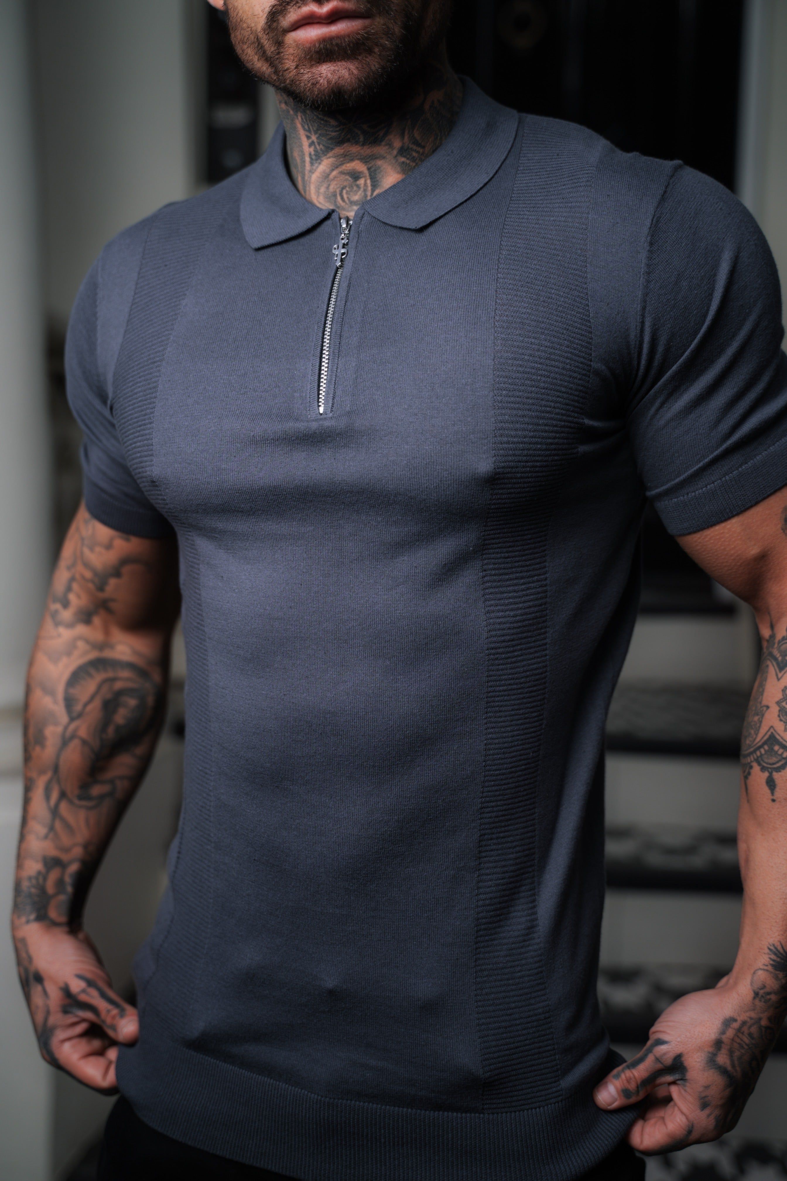 Father Sons Classic Gunmetal and Silver Zip Knitted Polo Shirt Short Sleeve - FSN133 sold by Father Sons product image thumbnail 2