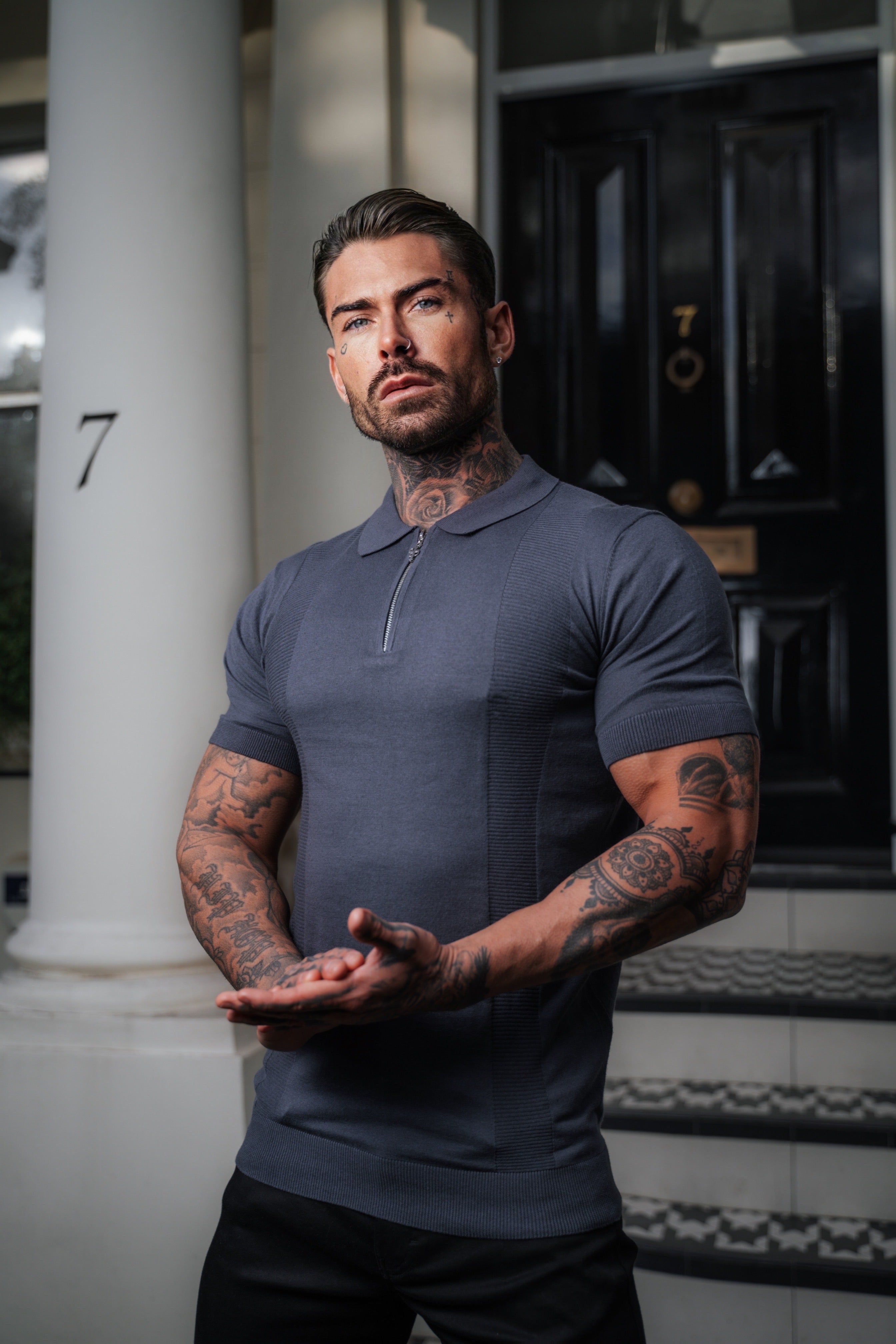 Father Sons Classic Gunmetal and Silver Zip Knitted Polo Shirt Short Sleeve - FSN133 sold by Father Sons