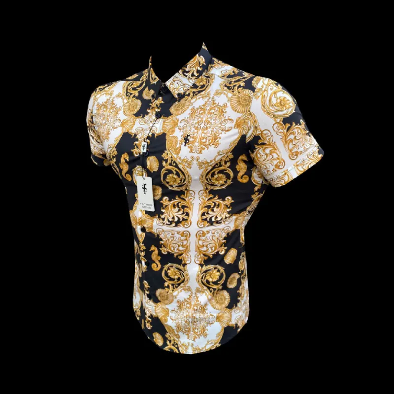 Father Sons Super Slim Stretch Black Gold Shell Print Short Sleeve with Button Down Collar - FS769 sold by Father Sons