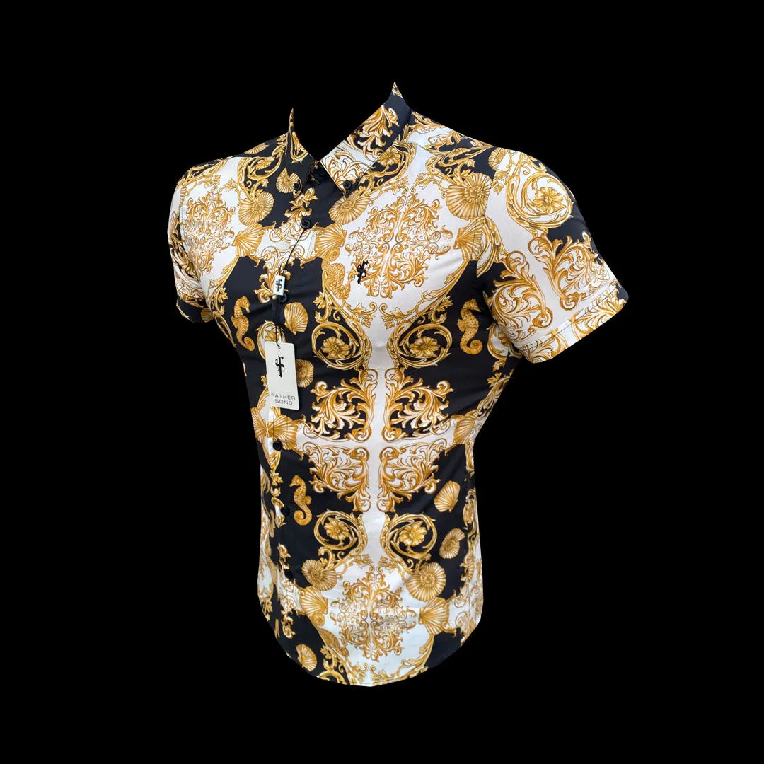 Father Sons Super Slim Stretch Black Gold Shell Print Short Sleeve with Button Down Collar - FS769 sold by Father Sons