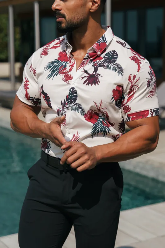 Classic Stretch SS White / Rust Floral Print Button Down Collar - FS1106 sold by Father Sons