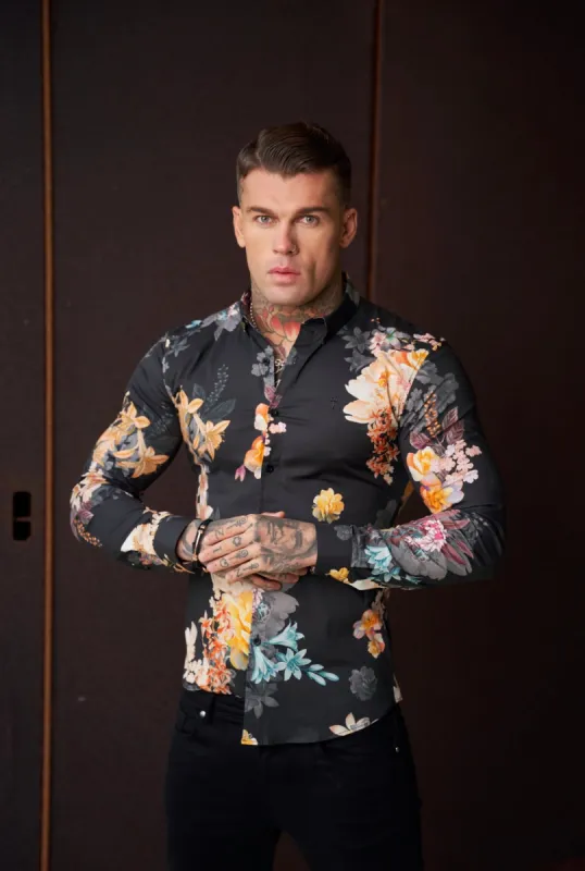 Father Sons Super Slim Stretch Black Mixed Lily Floral Print Long Sleeve with Button Down Collar - FS854 sold by Father Sons