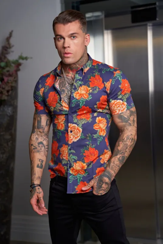 Father Sons Super Slim Stretch Navy and Red Floral Print Short Sleeve with Button Down Collar - FS839 sold by Father Sons