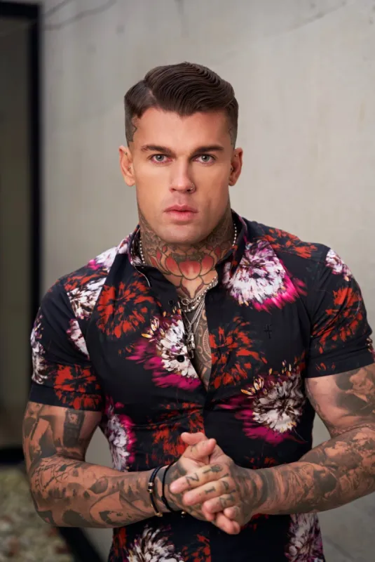 Father Sons Super Slim Stretch Black with Red / Pink Blurred Flower Print Short Sleeve with Button Down Collar - FS845 sold by Father Sons