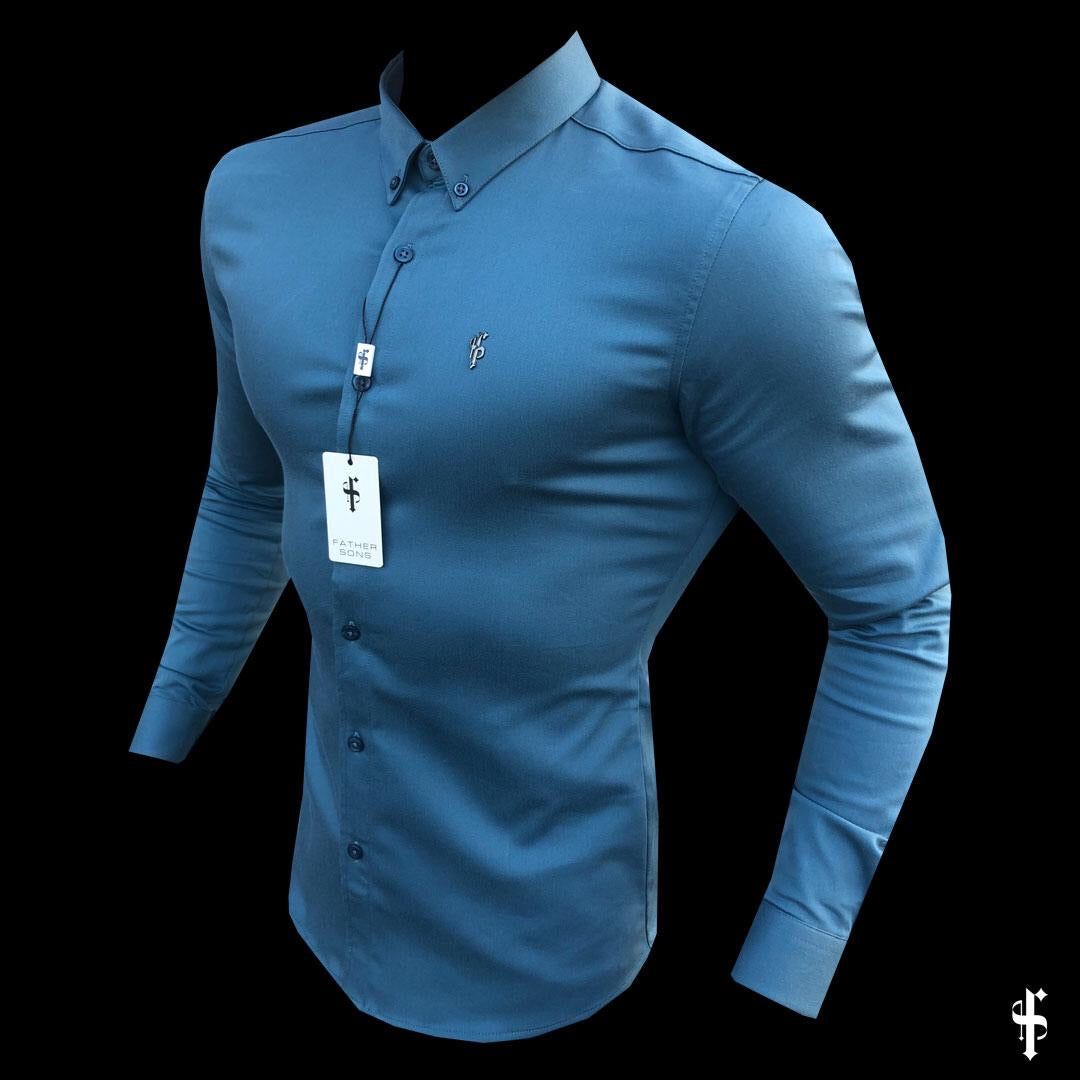 Father Sons Super Slim Stretch Teal Denim Long Sleeve with Metal Decal Emblem - FS630 sold by Father Sons