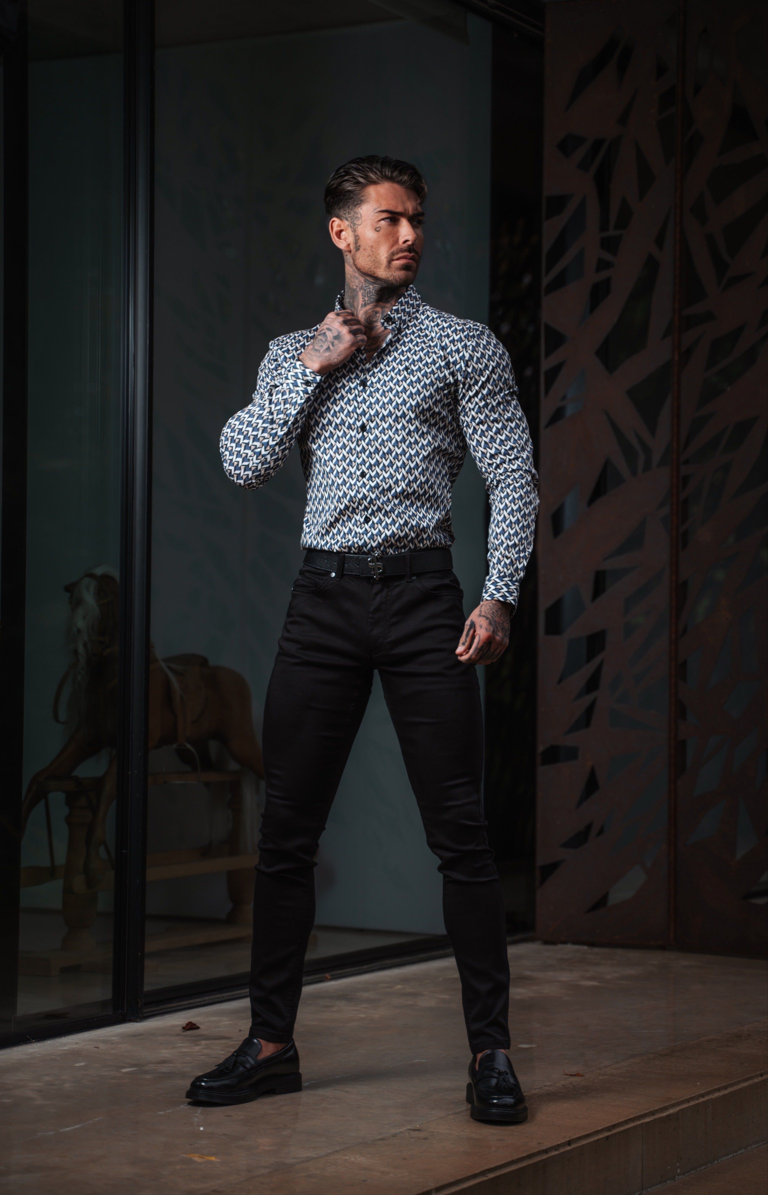 Super Slim Stretch Blue / Beige Chevron Print Long Sleeve with Button Down Collar - FS902 sold by Father Sons product image thumbnail 4