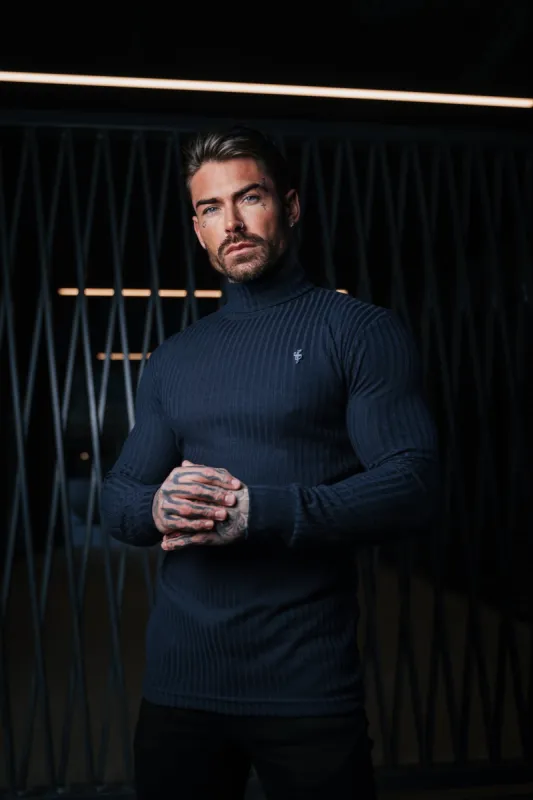 Father Sons Classic Navy / Silver Ribbed Knit Roll-neck Sweater - FSH958 sold by Father Sons