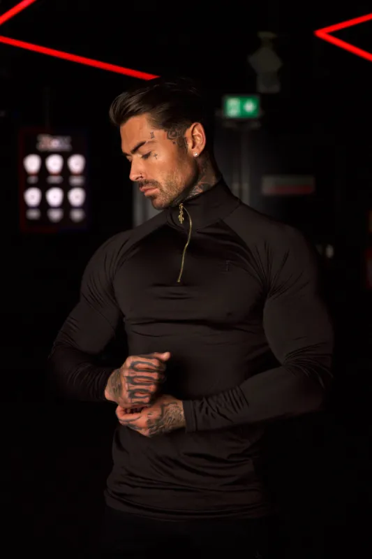 Father Sons Long Sleeve Solid Black / Gold Half Zip Gym Top - FSH887 sold by Father Sons