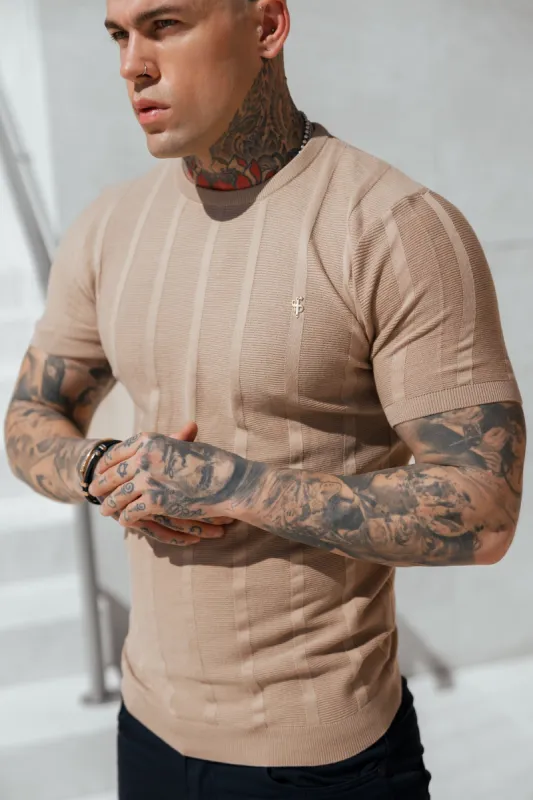 Father Sons Classic Short Sleeve Oatmeal Knitted Wide Rib Crew with Gold Emblem - FSH741 sold by Father Sons