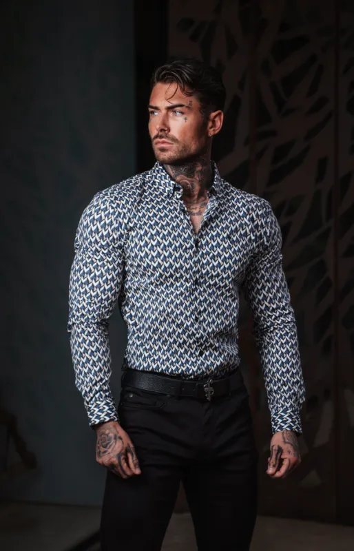 Father Sons Super Slim Stretch Blue / Beige Chevron Print Long Sleeve with Button Down Collar - FS902 sold by Father Sons