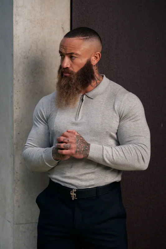 Father Sons Classic Grey Marl and Silver Zip Knitted Polo Shirt Long Sleeve - FSN127 sold by Father Sons