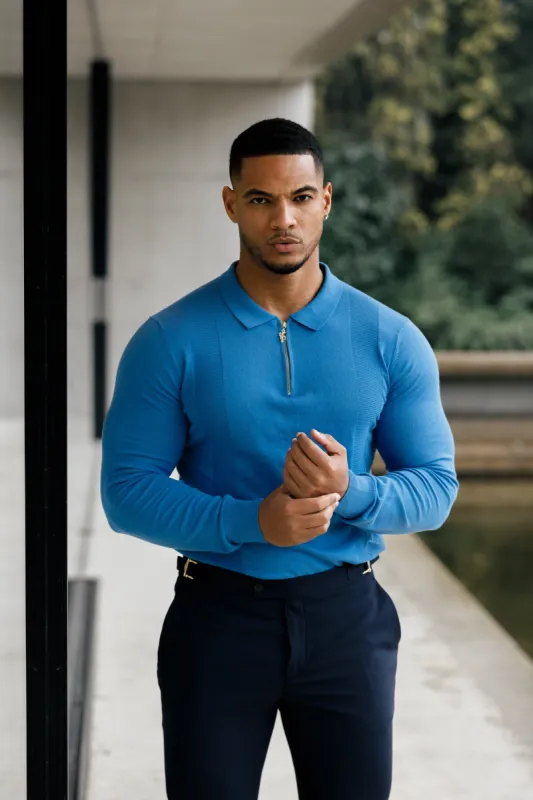 Father Sons Classic Mid Blue and Gold Zip Knitted Polo Shirt Long Sleeve - FSN129 sold by Father Sons