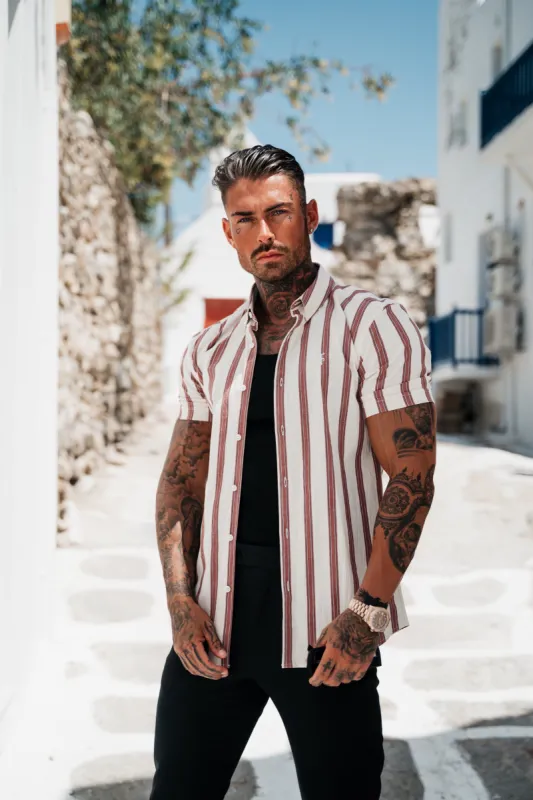 Father Sons Super Slim Stretch Off White / Burgundy Woven Stripe Short Sleeve with Button Down Collar - FS972 sold by Father Sons