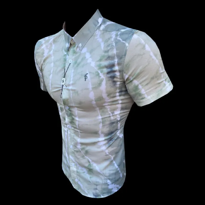 Father Sons Super Slim Stretch Green Tie Dye Colour Print Short Sleeve with Button Down Collar - FS841 / FS949 sold by Father Sons