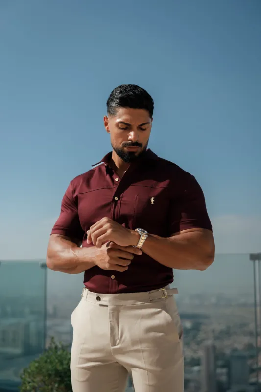 Father Sons Super Slim Stretch Burgundy Denim Short Sleeve with Horizontal Seam and Pocket- FS961 sold by Father Sons