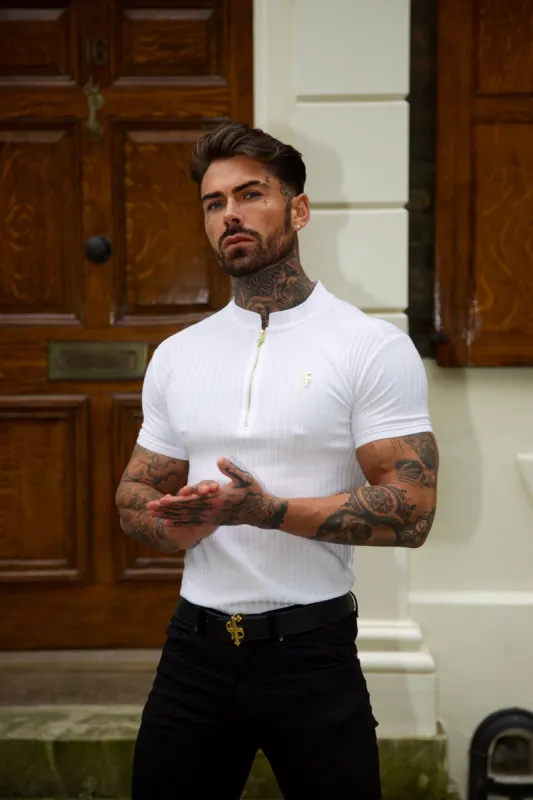 Father Sons Classic White / White Ribbed Gold Zip Grandad Collar Shirt Short Sleeve - FSH915 sold by Father Sons