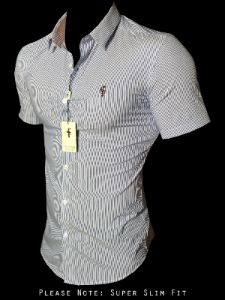 Father Sons Super Slim Stretch Navy & White Stripe Short Sleeve (Burgundy Emblem) - FS125 (LAST CHANCE) sold by Father Sons