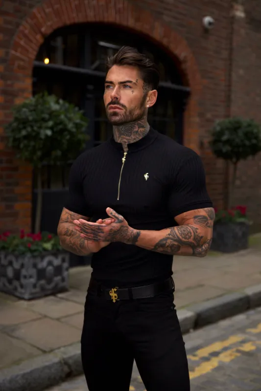 Father Sons Classic Black / Black Ribbed Gold Zip Grandad Collar Shirt Short Sleeve - FSH914 sold by Father Sons