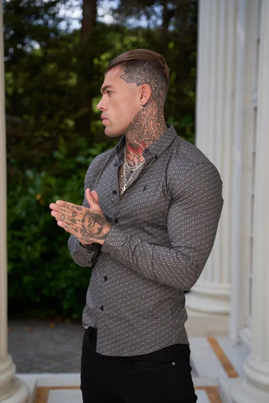 Father Sons Super Slim Stretch Black and Off White Abstract Print Long Sleeve with Button Down Collar - FS786 sold by Father Sons